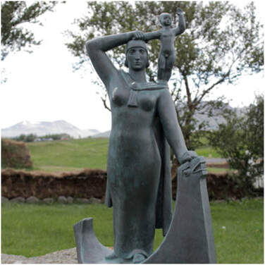Statue in Iceland of Gudridur and her young son Snorri